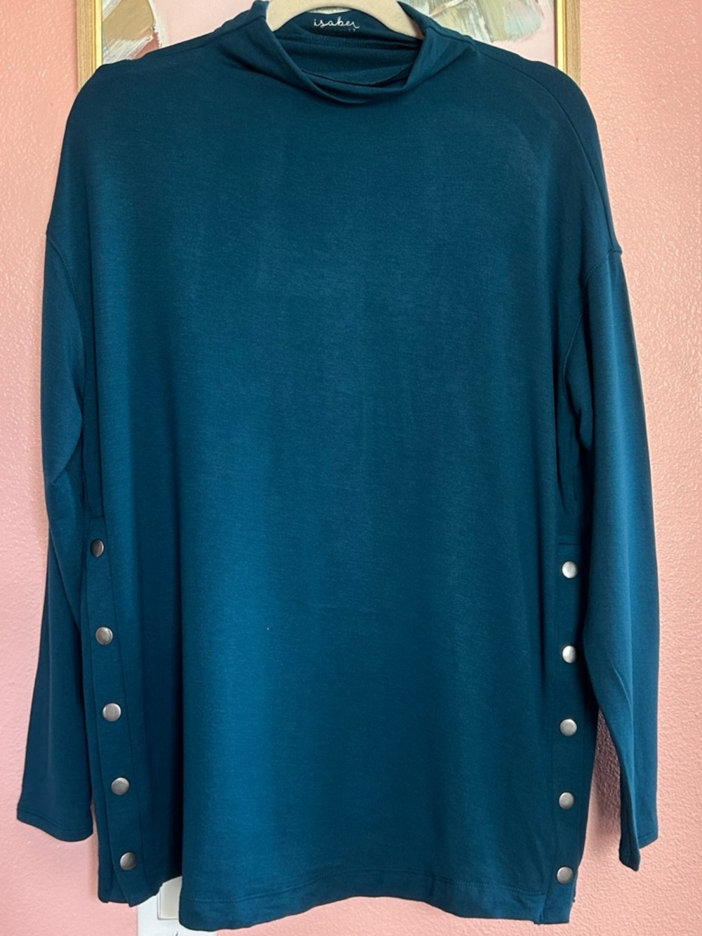 Isabel Maternity blue side snap mock neck soft comfy minimalist tunic NWT L